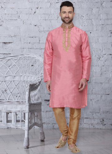 Art Dupion Silk Kurta Pyjama in Pink Enhanced with