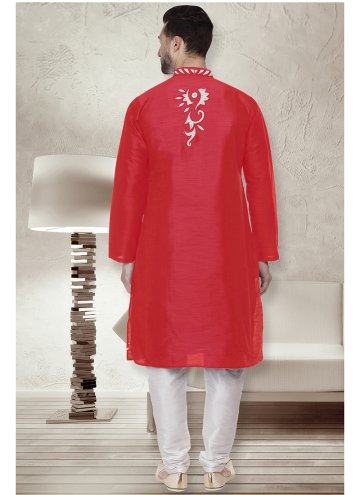 Art Dupion Silk Kurta Pyjama in Red Enhanced with Embroidered