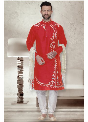Art Dupion Silk Kurta Pyjama in Red Enhanced with Embroidered