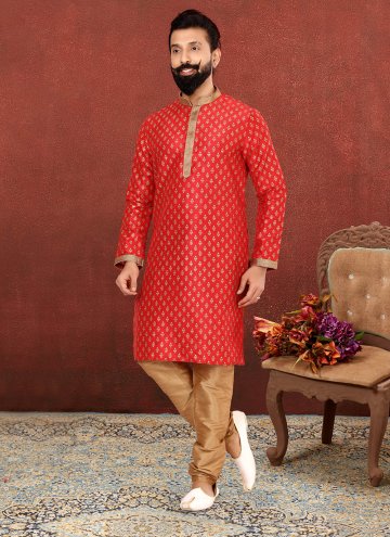 Art Dupion Silk Kurta Pyjama in Red Enhanced with 