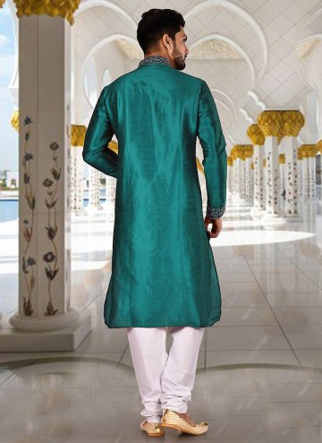 Art Dupion Silk Kurta Pyjama in Sea Green Enhanced with Aariwork