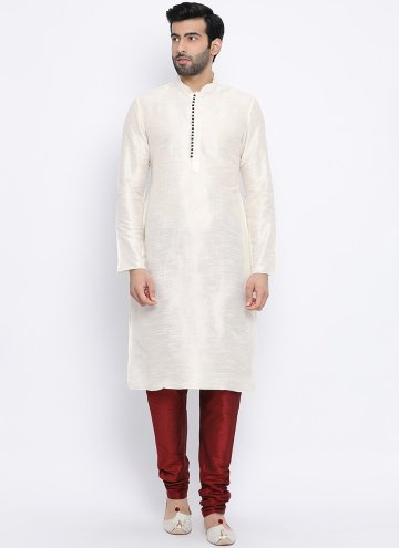 Art Dupion Silk Kurta Pyjama in White Enhanced with Plain Work