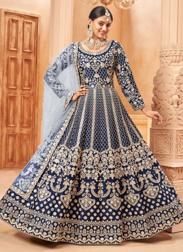 Art Silk Anarkali Salwar Kameez in Blue Enhanced with Embroidered