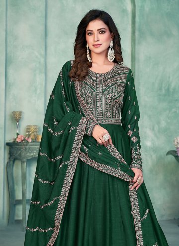 Art Silk Anarkali Salwar Kameez in Green Enhanced with Embroidered
