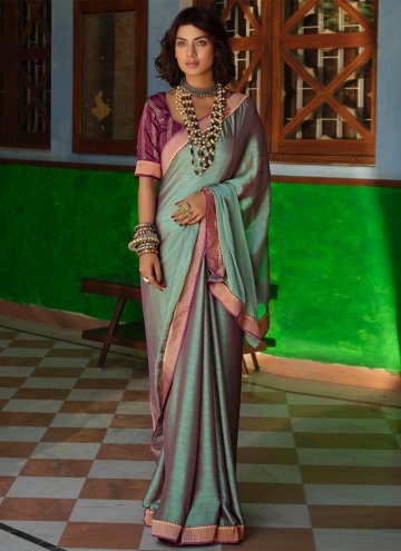 Art Silk Contemporary Saree in Sea Green Enhanced with Lace