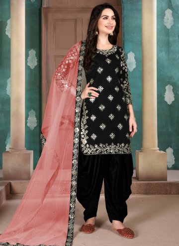 Art Silk Designer Patiala Salwar Kameez in Black Enhanced with Embroidered