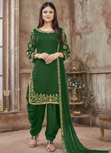 Art Silk Designer Patiala Salwar Kameez in Green Enhanced with Embroidered