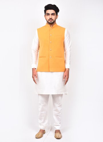 Art Silk Kurta Payjama With Jacket in White and Yellow Enhanced with Buttons
