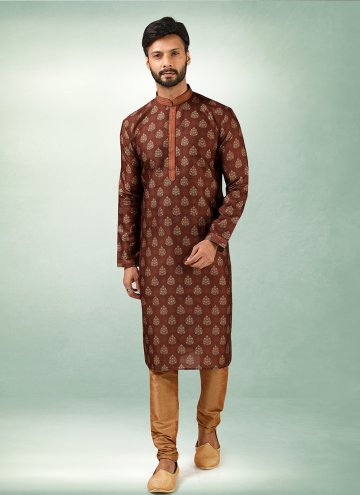 Art Silk Kurta Pyjama in Brown Enhanced with Printed