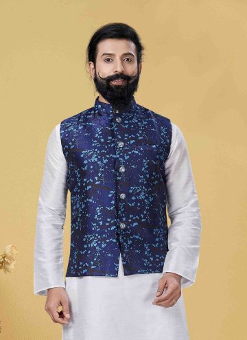 Art Silk Nehru Jackets in Navy Blue Enhanced with 