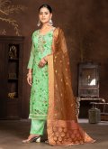 Art Silk Palazzo Suit in Green Enhanced with Hand Work - 1
