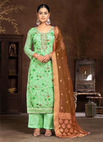 Art Silk Palazzo Suit in Green Enhanced with Hand 
