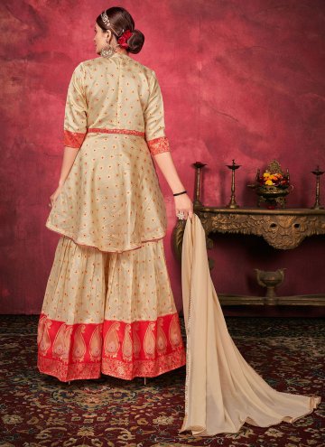 Art Silk Salwar Suit in Beige Enhanced with Woven