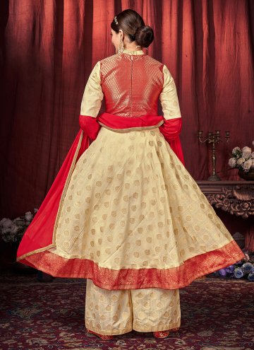 Art Silk Salwar Suit in Cream Enhanced with Woven