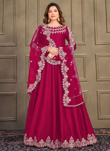 Art Silk Salwar Suit in Rani Enhanced with Embroid