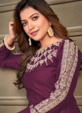 Art Silk Trendy Salwar Kameez in Purple Enhanced with Embroidered - 3