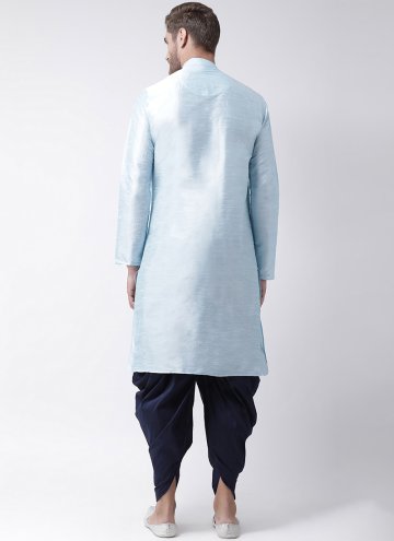 Attractive Aqua Blue Art Dupion Silk Plain Work Kurta Pyjama