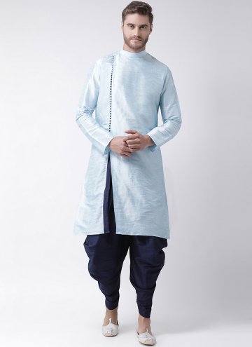 Attractive Aqua Blue Art Dupion Silk Plain Work Kurta Pyjama