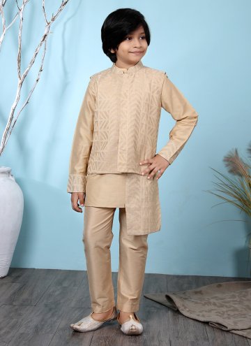 Attractive Beige Handloom Silk Jacquard Work Kurta Payjama With Jacket
