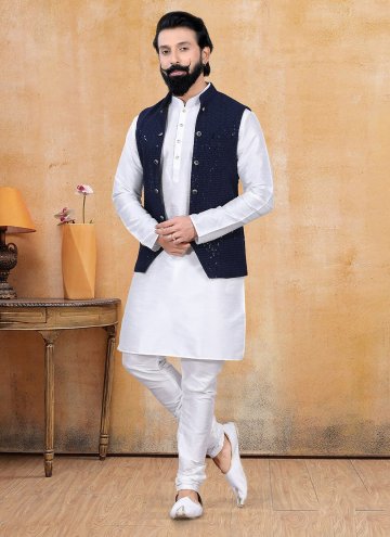 Attractive Black and Off White Lucknowi Fancy work Kurta Payjama With Jacket for Ceremonial