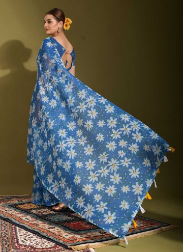 Attractive Blue Linen Printed Contemporary Saree for Festival