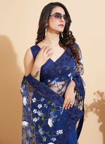 Attractive Blue Net Embroidered Trendy Saree for Casual