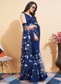 Attractive Blue Net Embroidered Trendy Saree for Casual - 3