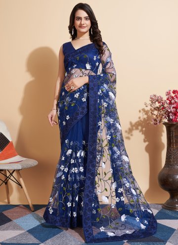 Attractive Blue Net Embroidered Trendy Saree for Casual