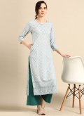 Attractive Blue Rayon Embroidered Party Wear Kurti - 1