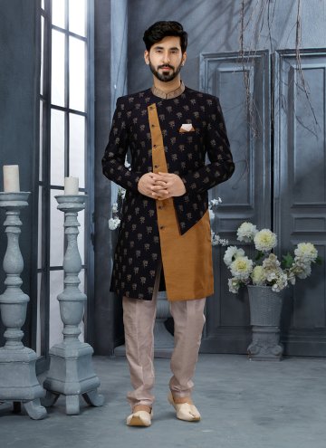 Attractive Brown and Navy Blue Jacquard Digital Print Indo Western Sherwani for Engagement
