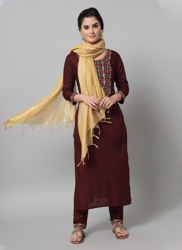 Attractive Brown Rayon Embroidered Straight Salwar Kameez
