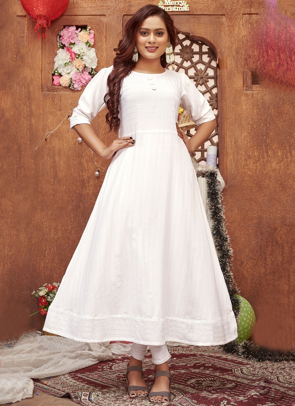Attractive Chikankari Work Rayon White Designer Gown