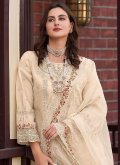 Attractive Cream Organza Embroidered Designer Pakistani Salwar Suit - 1