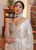 Attractive Cream Satin Embroidered Designer Saree for Party - 1