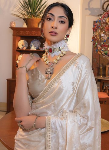 Attractive Cream Satin Embroidered Designer Saree for Party