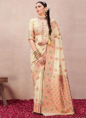 Attractive Cream Silk Woven Contemporary Saree for