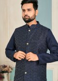 Attractive Embroidered Banglori Silk Navy Blue Kurta Payjama With Jacket - 1