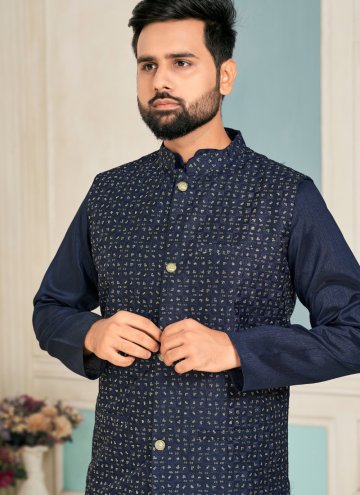 Attractive Embroidered Banglori Silk Navy Blue Kurta Payjama With Jacket