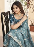 Attractive Embroidered Fancy Fabric Teal Traditional Saree - 1