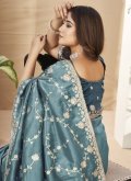 Attractive Embroidered Fancy Fabric Teal Traditional Saree - 2