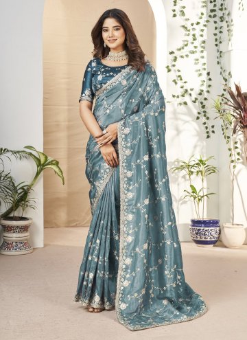 Attractive Embroidered Fancy Fabric Teal Traditional Saree