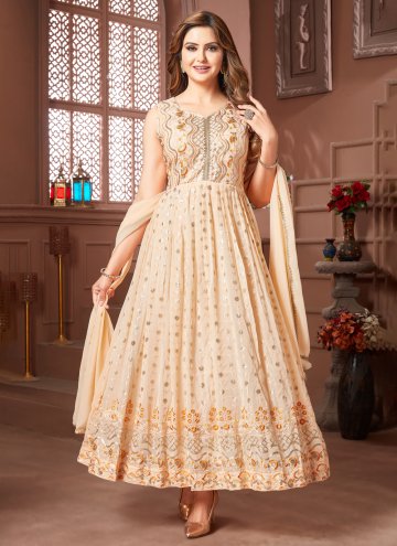 Attractive Embroidered Faux Georgette Cream Gown