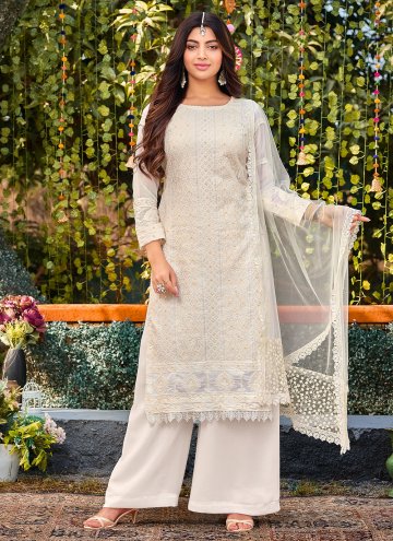 Attractive Embroidered Faux Georgette White Trendy