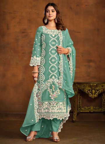 Attractive Embroidered Organza Sea Green Pant Style Suit