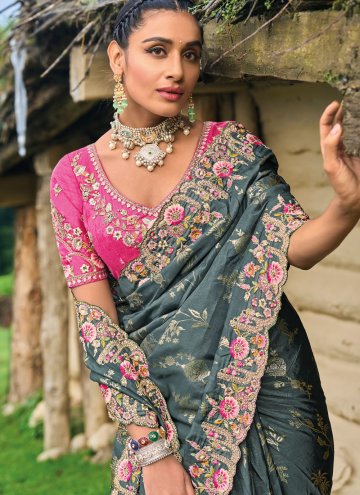 Attractive Embroidered Silk Grey Designer Saree