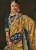 Attractive Foil Print Silk Mustard and Navy Blue Contemporary Saree - 1
