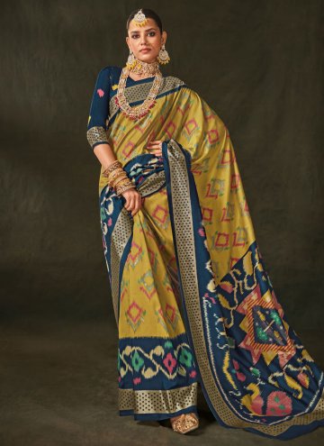 Attractive Foil Print Silk Mustard and Navy Blue Contemporary Saree