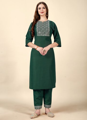 Attractive Green Cotton  Embroidered Party Wear Ku