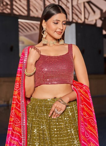 Attractive Green Georgette Embroidered A Line Lehenga Choli for Engagement