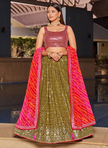 Attractive Green Georgette Embroidered A Line Lehenga Choli for Engagement